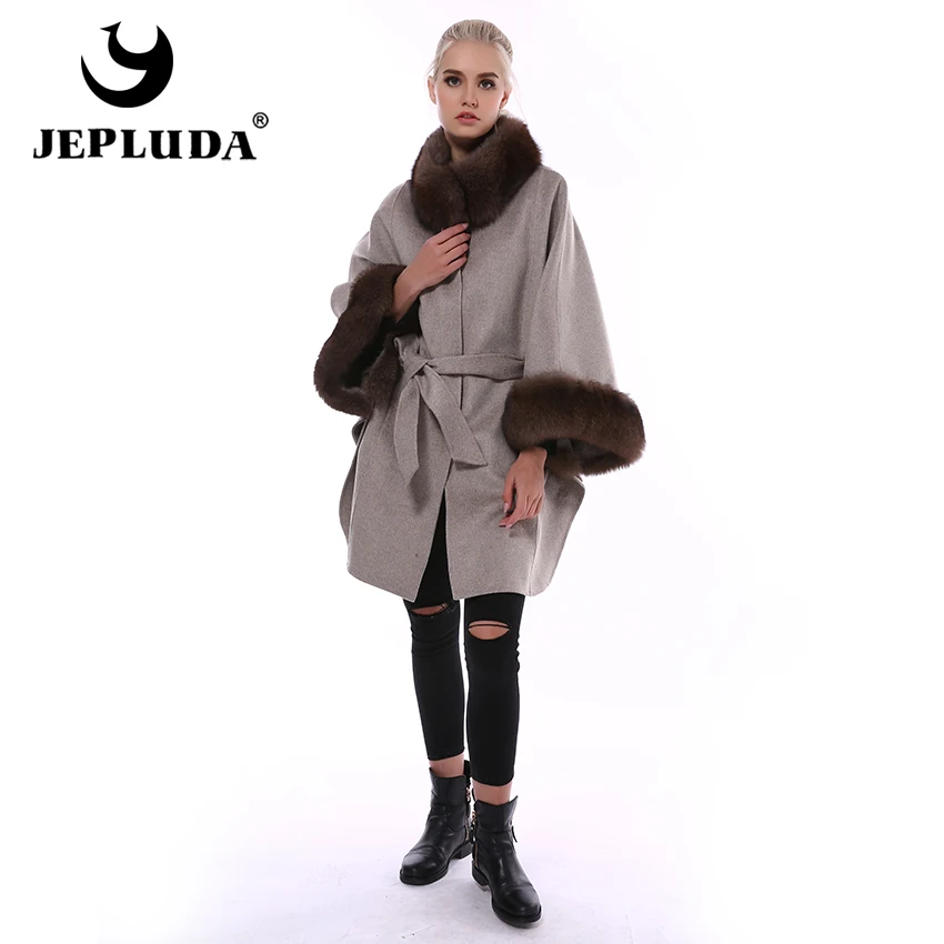 JEPLUDA Женское Пальто Натуральный Мех Лиса Pоскошный Меховой Воротник и Рукава Plus