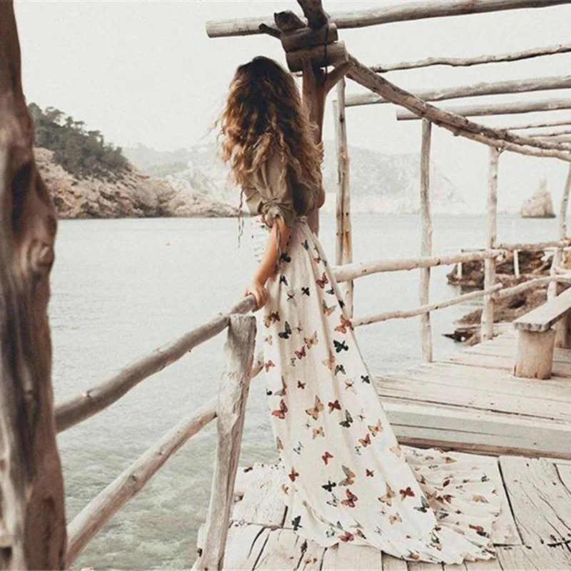 Женское длинное платье с высокой талией Boho повседневное пляжное платье-макси