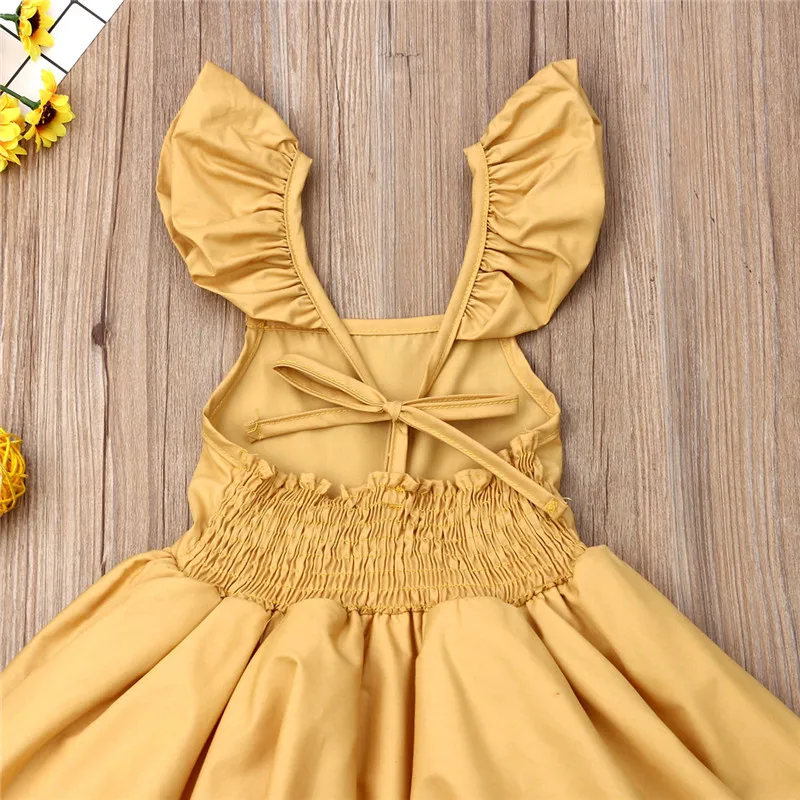 Baby Flower Girl Dress yellow flying sleeve strap Lace Tulle Party Gown Princess Wedding Bridesmaid Birthday | Детская одежда и