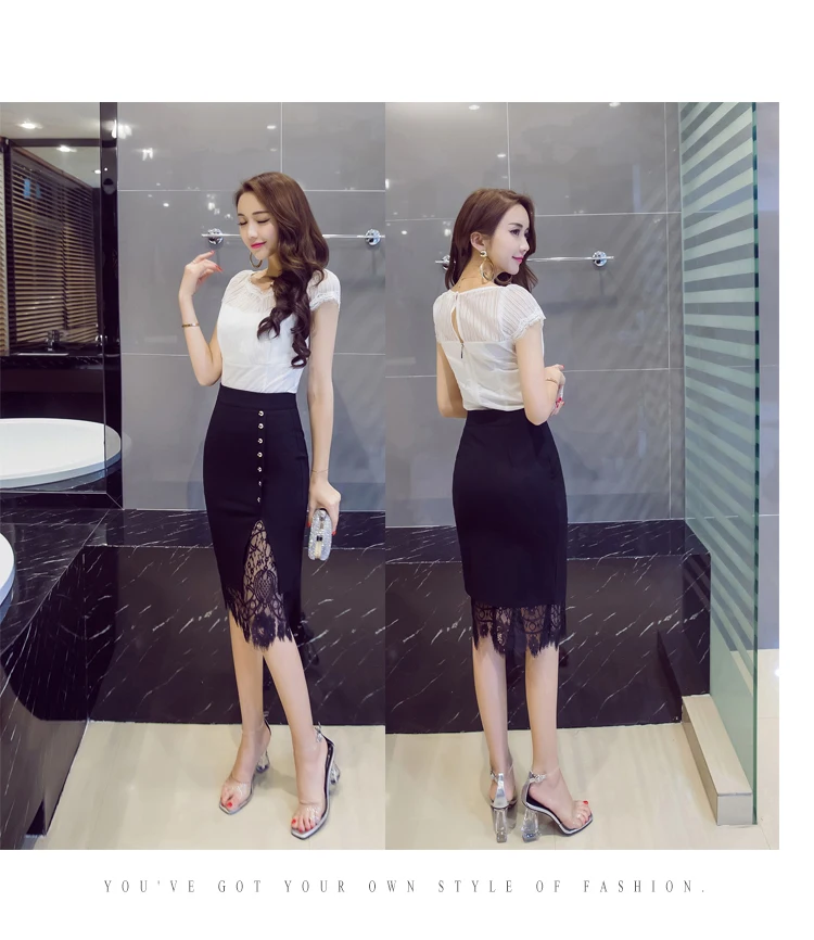 New Women Side Beading Lace Stitching Skirts Elegant High Waist Office Business OL Skirts Stretch Plus Size Midi Skirts Women