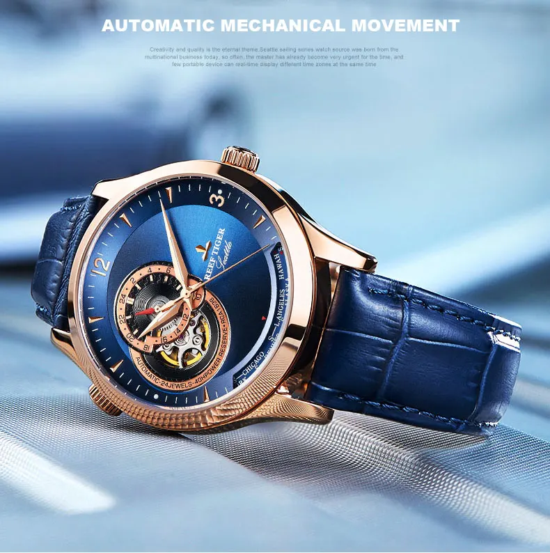 Reef Tiger Settle Serier RGA1693 мужские деловые модные часы holet Out Dia автоматические механические наручные часы с кожаным ремешком