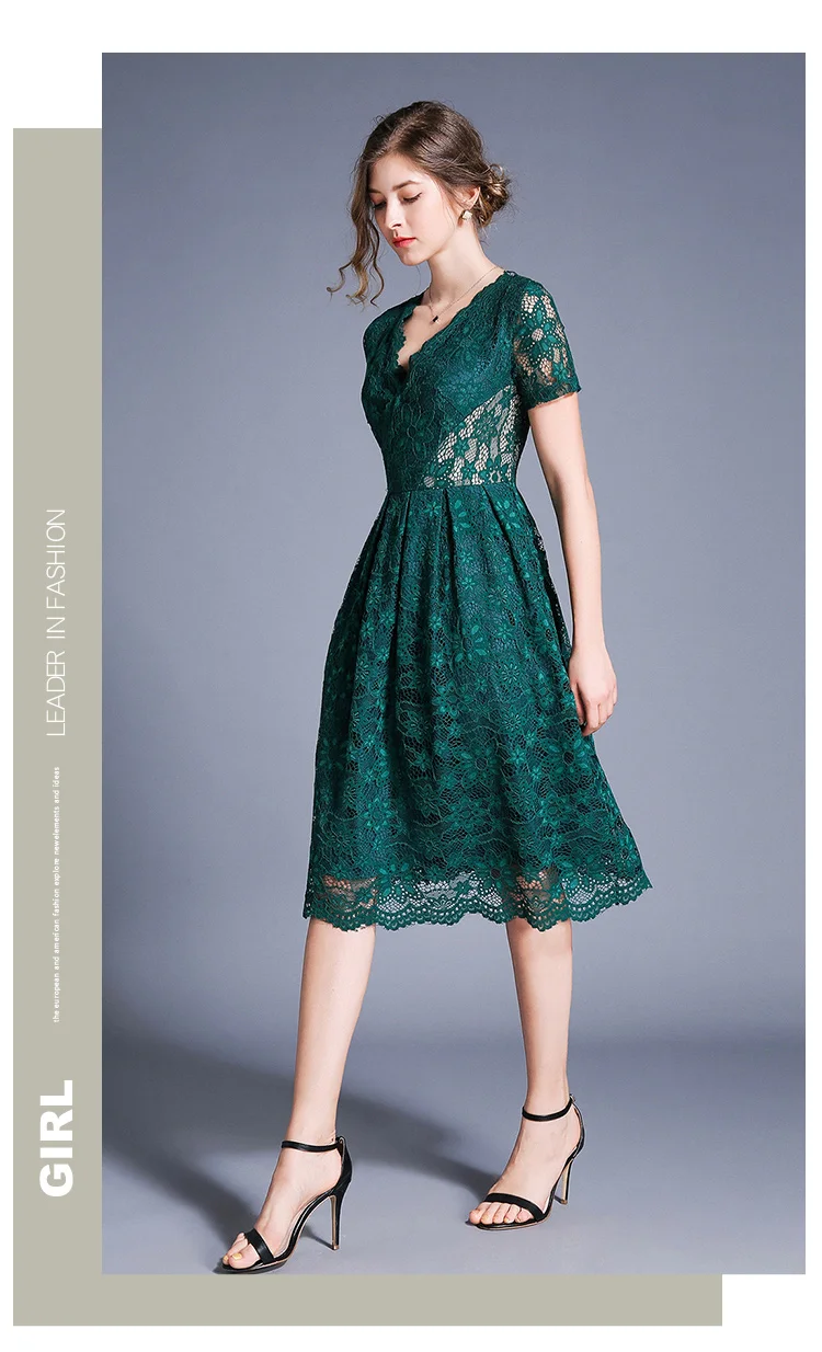 Women Green Dresses Hollow Out Floral Lace Runway Slim Fashion Evening Party Dress Office Lady Work Vestidos Autumn Vintage robe