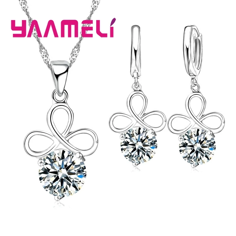 925 Sterling Silver Necklace Earrings Set Simple Classic Style Surround Clover Shape Cubic Zirconia For Women Gift