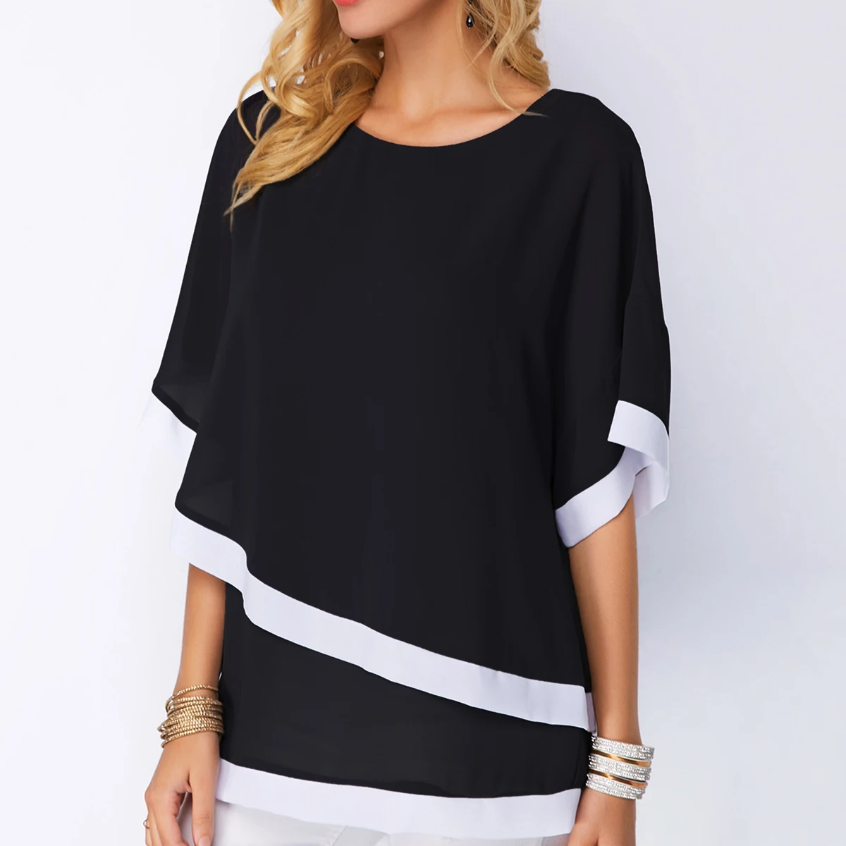 black plus size Blouses for women 4xl 5xl Patchwork Double layer Tops Casual Batwing tunic Autumn Large size Chiffon Shirts - Цвет: black