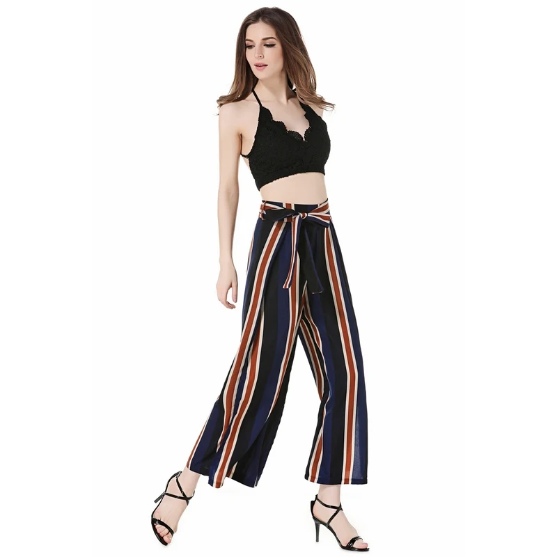

Брюки женские в полоску с широкими штанинами, офисные пикантные брюки с разрезом на завязках для девушек, праздничные штаны для осени и лета...