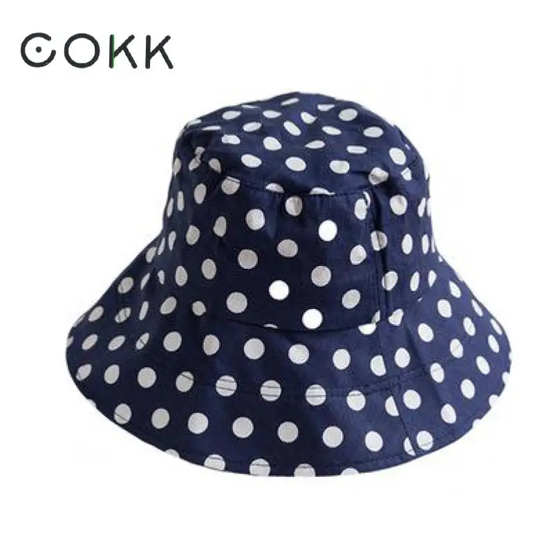 

COKK Bucket Hat Women Korean Soft Fisherman Cap Summer Fishing Hat Cotton Black White Blue Dot Pattern Sunhat Female Wide Brim
