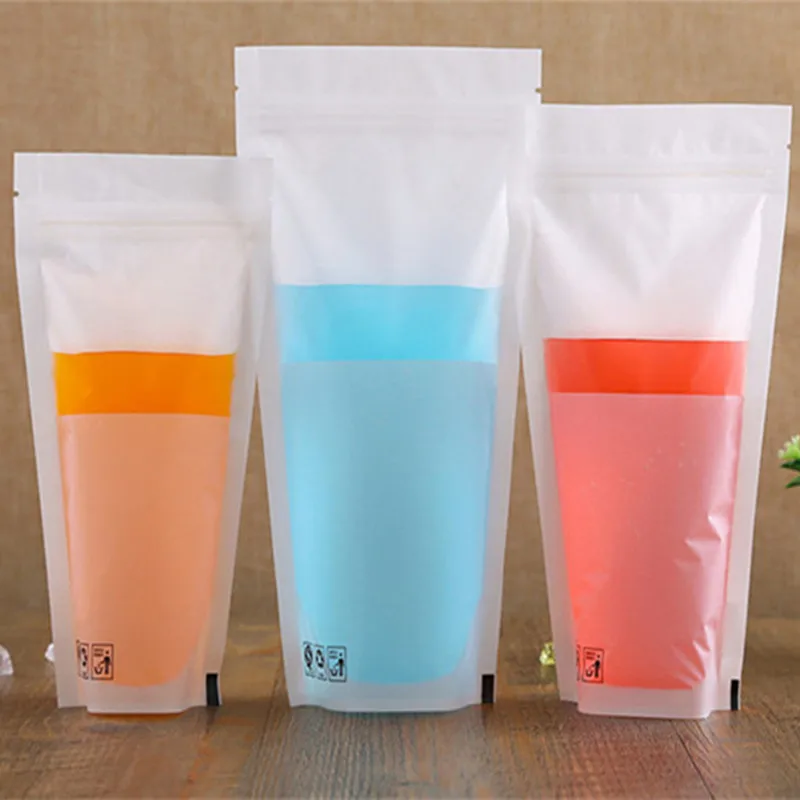 

50pcs 200ml-700ml Half Clear+Half White Creative Frosted Summer Beverage Ziplock Bag Liquid Packaging Bag Milk Bar Juice Bags