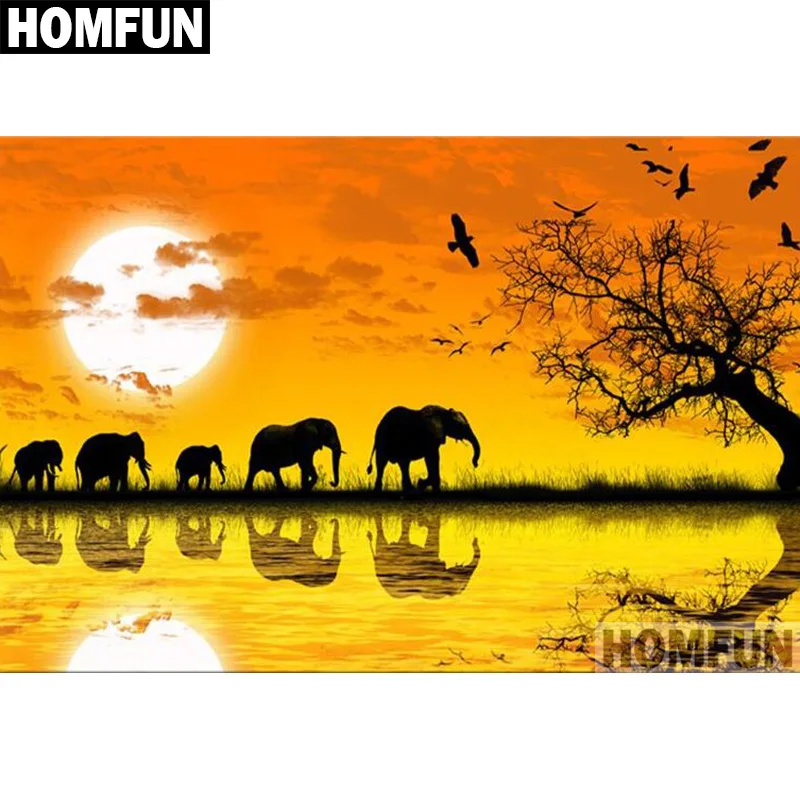 Алмазная живопись HOMFUN A06662 картина Слон на закате из квадратных/круглых страз
