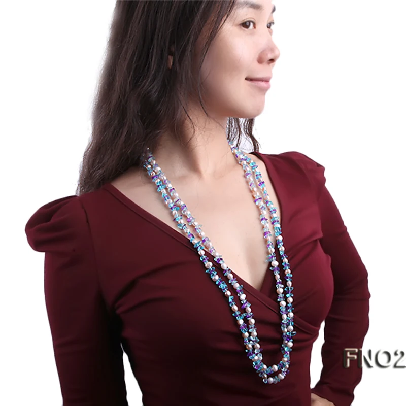 JYX High Quality Charming 8-10mm natural White Round Freshwater Pearl and Crystal Chips Necklace 38&quot | Украшения и аксессуары
