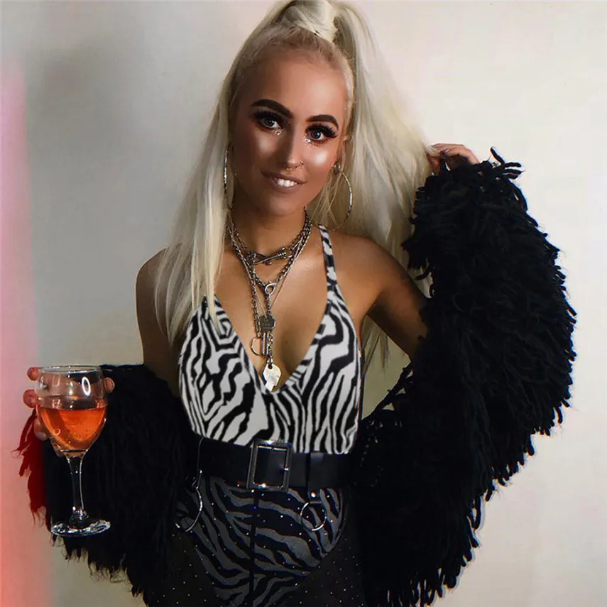 Женский комбинезон с v образным вырезом и принтом зебры сексуальный клубный