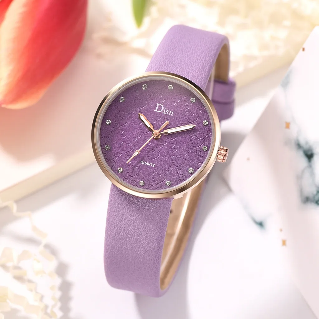 Disu Fashion Top Brand Lady Watch Frosted Dial Heart Shape Pattern Leather Belt Women Clock Quartz Wrist Watches orologio donna | Наручные