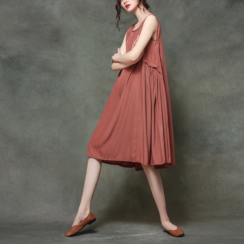 #0153 повседневное свободное платье миди без рукавов с круглым вырезом женское