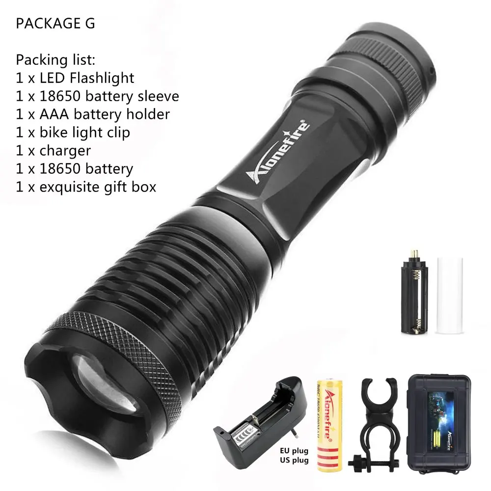 Package G AloneFire E007 ультра яркий светодиодный фонарик CREE XML T6 L2 V6 алюминиевый водонепроницаемый ручной фонарь linterna - Испускаемый цвет: Package G