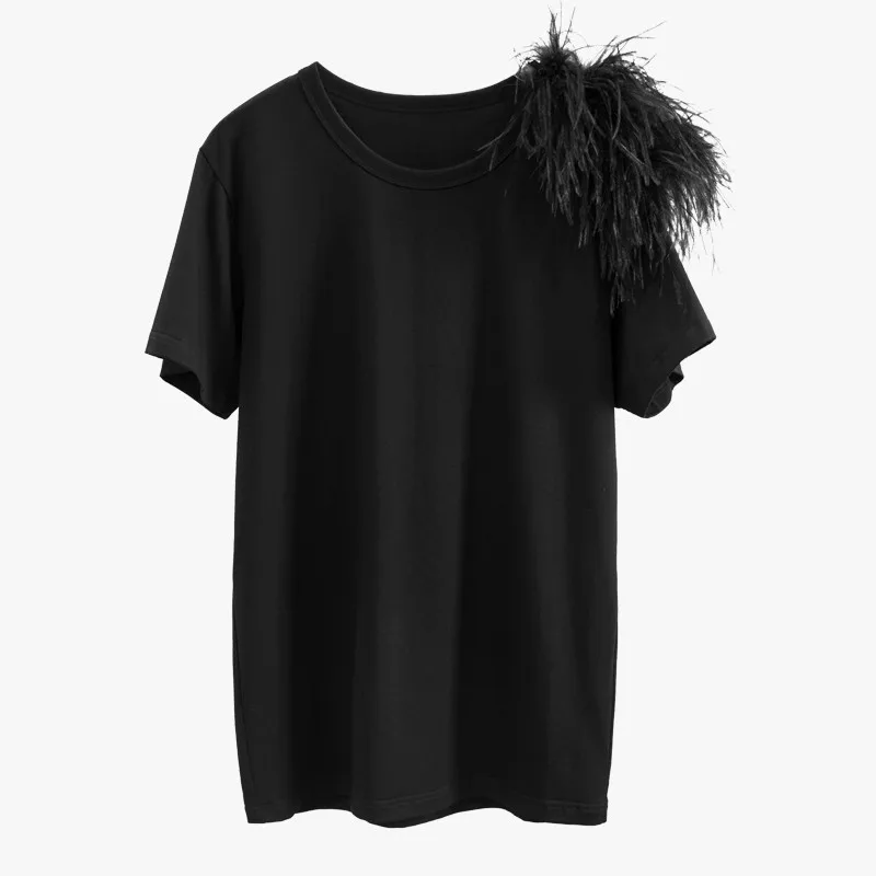black TWOTWINSTYLE Летние повседневные черные женские топы с круглым вырезом и коротким рукавом в стиле пэчворк с перьями женские футболки элегантные модные новые - Цвет: black