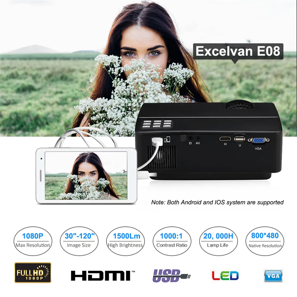 Excelvan E08 E09 проектор для домашнего кинотеатра 1080P (опционально Android OS Bluetooth WIFI