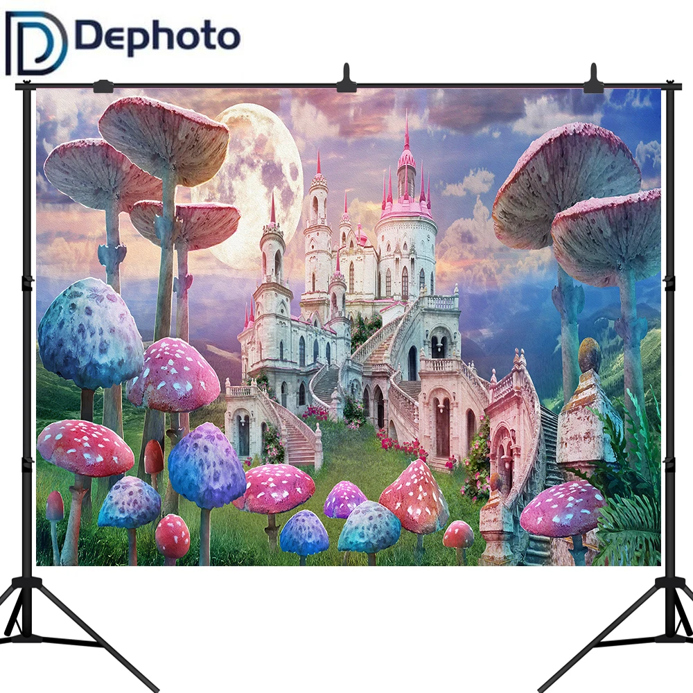 Dephoto фон для фотосъемки Алиса в стране чудес акварель замок грибы вечерние на