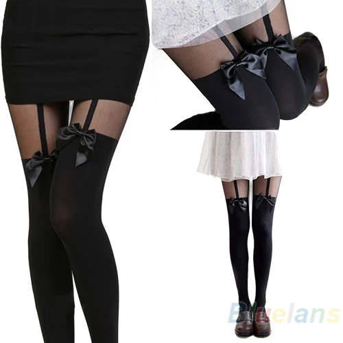 

New Vintage Sexy Cute Stockings Pantyhose Tattoo Mock Bow Suspender Sheer Tights hot BJBN