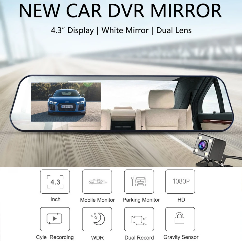 4 3 дюймов автомобильная dvr камера Белое Зеркало FHD 1080 P двойной объектив с камерой