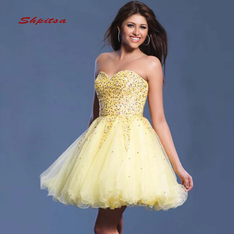 Желтые Роскошные Короткие платья для выпускного вечера 8 класса Junior High Cute