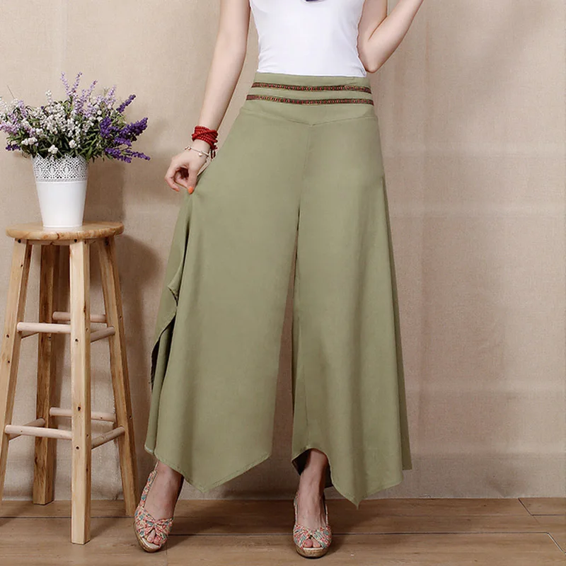 2017 summer new women printing Nine sub trousers cotton linen pants casual baggy swinging leg wide female |