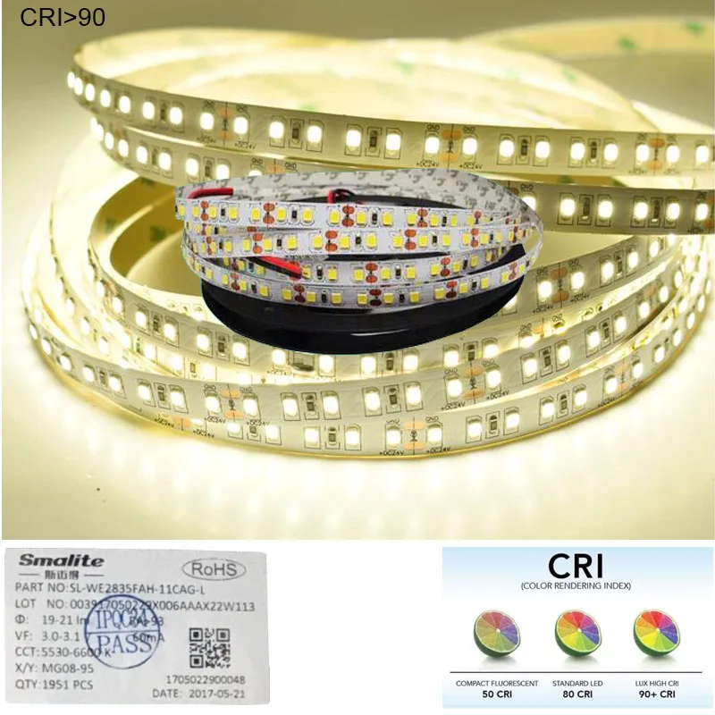 CRI 90+ 24V led strip light white nature warm 14W/m 600LED Of 5m no waterproof 8mm pcb | Освещение
