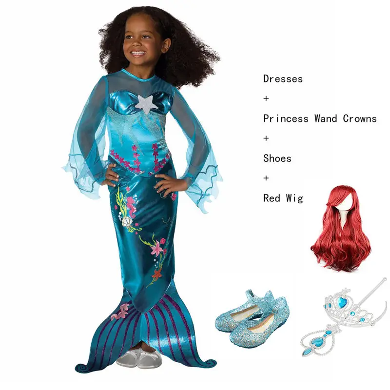 Blue Dresses 01 Маскарадные костюмы для девочек, Русалочка, Линда, фантазия, менина Ариэль, праздничные платья с жемчугом, Детские карнавальные костюмы на Хэллоуин - Цвет: Blue Dresses 01