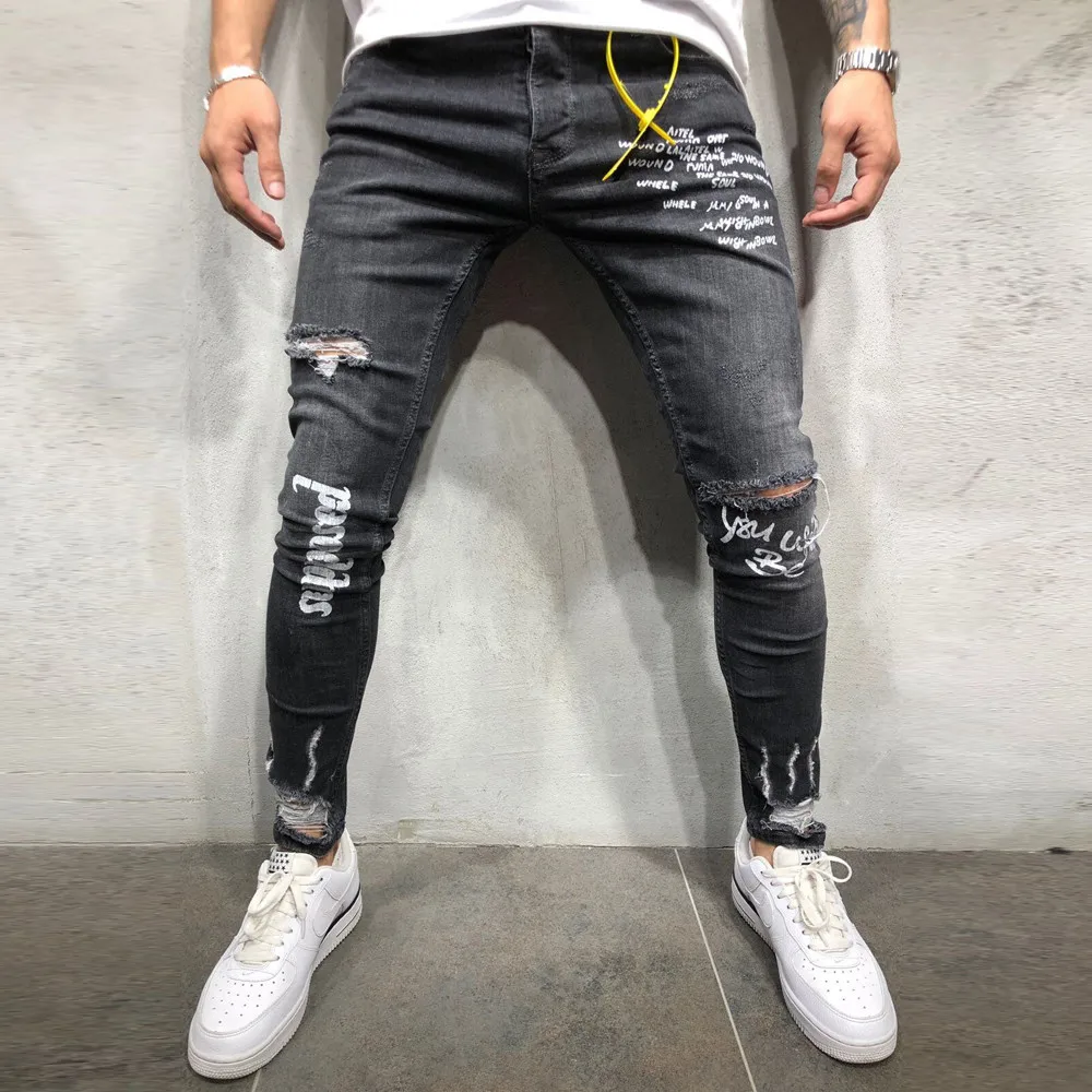 Мужские эластичные джинсы ropa de hombre черные облегающие с дырками на ногах принтом и