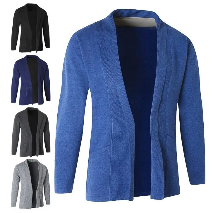 Мужской трикотажный кардиган Однотонный свитер с длинным рукавом приталенная