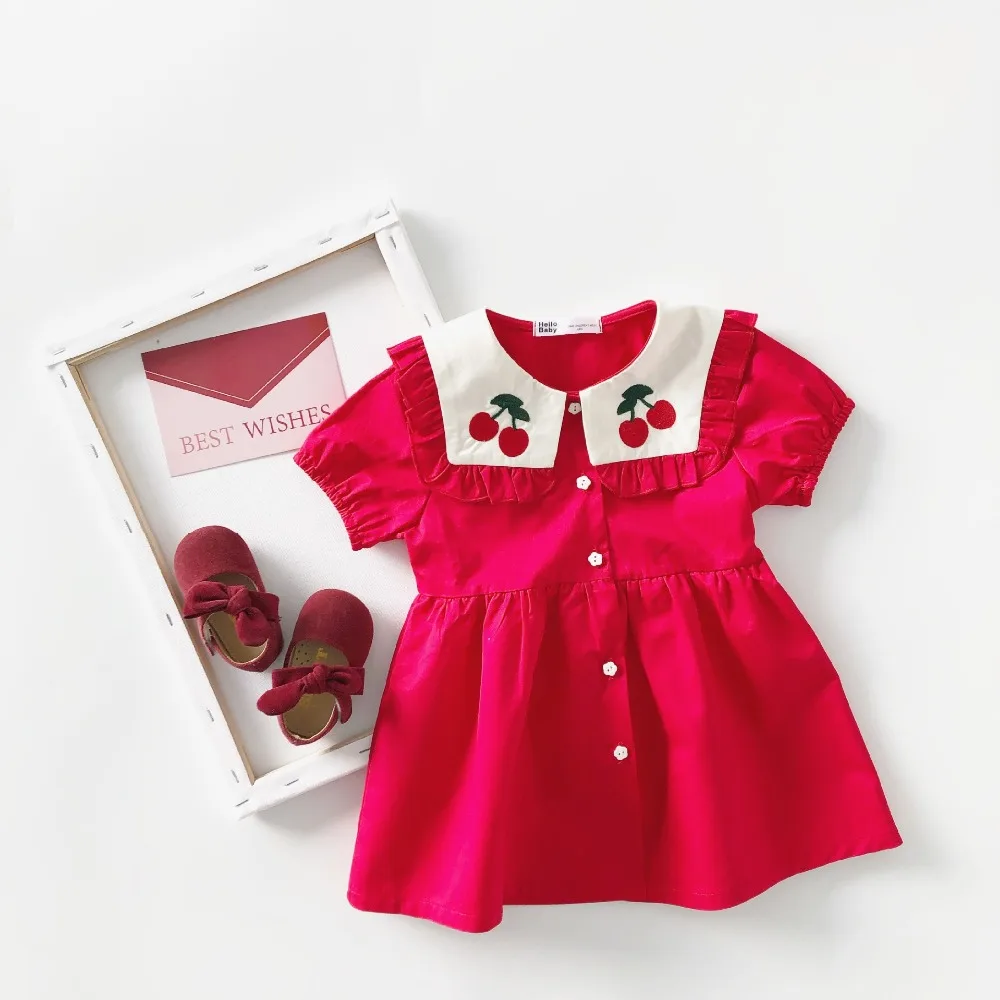 Summer Cherry Embroidery Baby Girls Princess Dress Cotton Sailor Collar Toddler Kids Red Dreses Clothes | Детская одежда и обувь