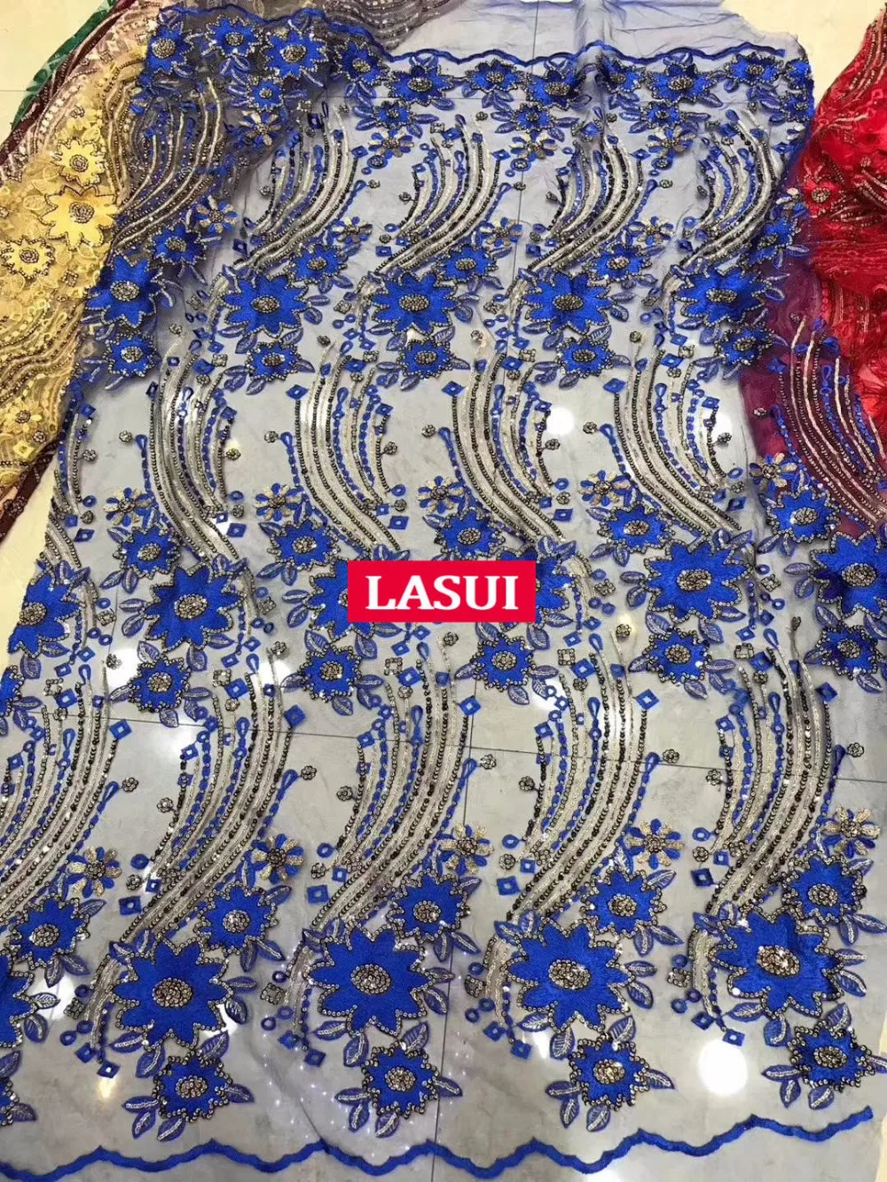 LASUI 1 ярд благородный 7 цветов 3D Вышитые Блестки Цветы Сетка кружевная ткань для