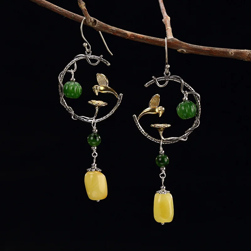 

2018 Time-limited Limited Brinco S925 Pure Honey Wax Amber Mosaic And Tian Yu Jade Lotus Butterfly Magpie Lady Earrings
