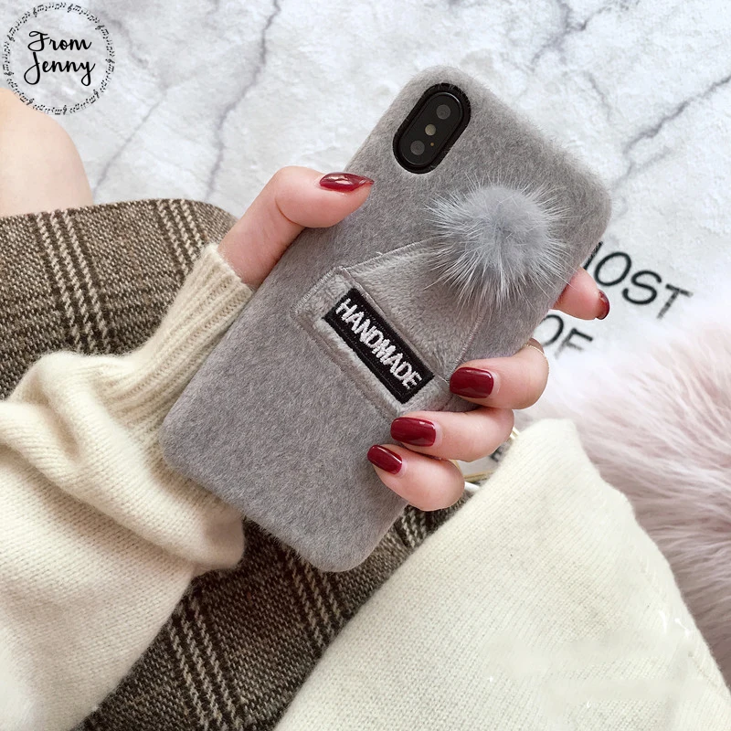 От Jenny 2018 зимняя теплая шапка для телефона чехол iPhone 6 7 8 10 7plus 8plus 6s X мягкая ткань