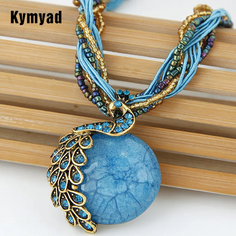 Kymyad Ethnic Jewelry Bohemian Women Beads Natural Stone Peacock Pendant Necklace Bijoux Multilayer Chain Turkish | Украшения и