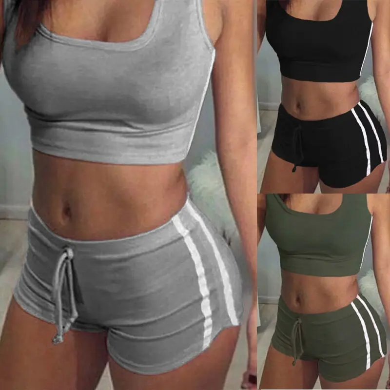 

NEW Women summer Sleeveless Vest Sport Suit Fitness Clothing Set Gym Running Shorts Sportwear Workout Pure color