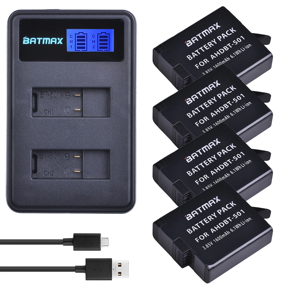 Batmax 4 шт. AHDBT-501 батарея для камеры+ ЖК USB двойное зарядное устройство для Gopro 5 Gopro 6 Новинка Gopro 7 Gopro hero 8 Экшн-камера