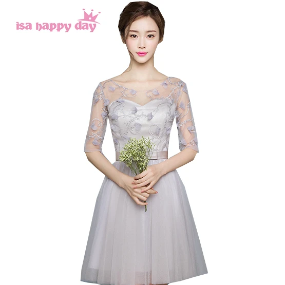 Подростковое короткое серое платье подружки невесты Кружевная аппликация