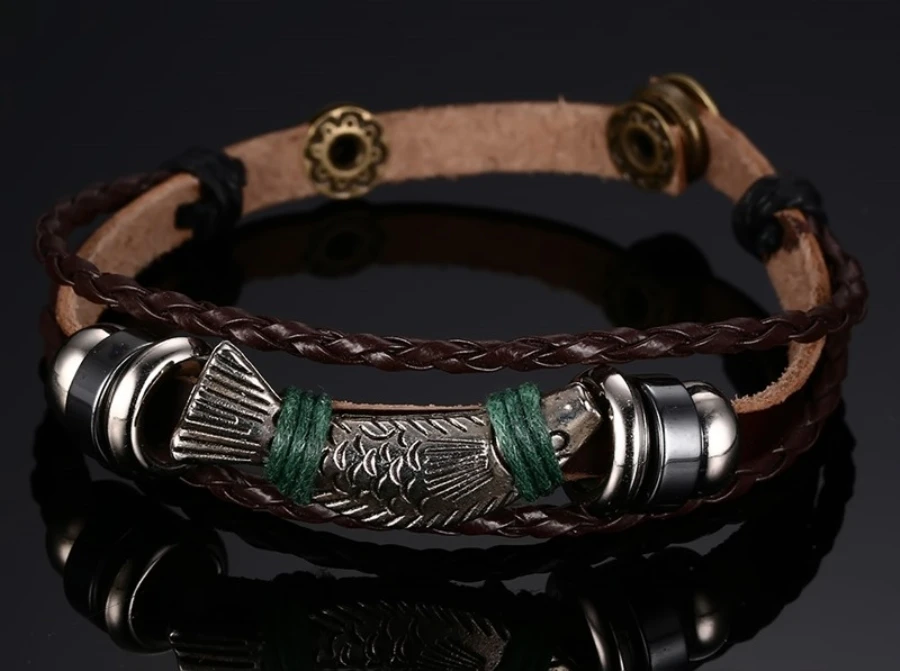 Sauvoo Punk Vintage Alloy Fish Charms Braided Leather Bracelets Multilayers Rope Wrap Wristband Bracelet Men Fashion Jewelry | Украшения и