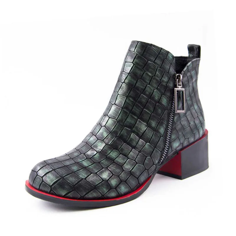 Новая весенняя женская обувь модные ботильоны женские ботинки из натуральной кожи на среднем квадратном каблуке, на молнии - Цвет: army green