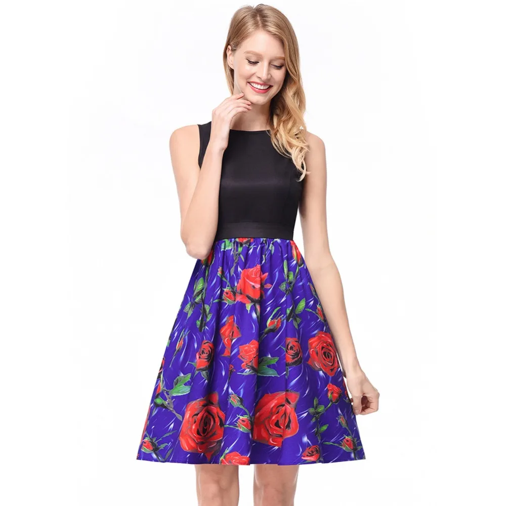 2018 spring and summer new women's color contrast bow tie belt print dress sleeveless big swing sale | Женская одежда