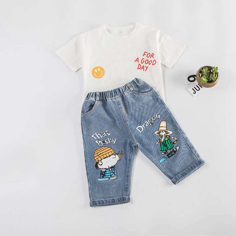 girl jeans sets G Комплект одежды для девочек, летняя одежда для девочек, короткий рукав, принт с сердцем+ рваные джинсовые шорты Детская одежда размеры для детей 6, 8, 10, 12 лет - Цвет: girl jeans sets G
