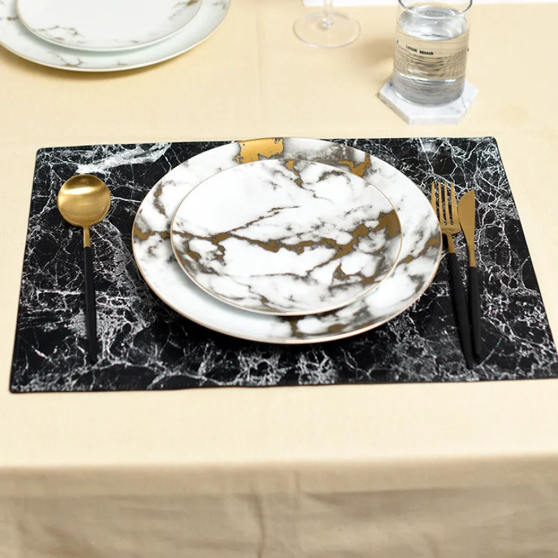 Placemat 45X32CM Luxury PU Leather Waterproof Table Mat Black White Marble Pattern Placemat for Dining Table Water Coasters Home