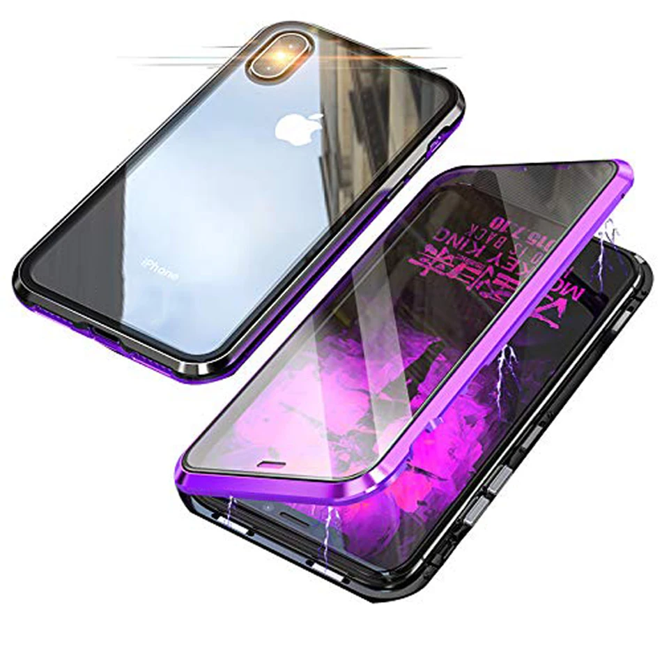 Двухсторонняя, для стекла Магнитный чехол для iPhone XS Max XR X 7 8 плюс Роскошный Металлический 360 градусов Полная защита чехол iPhone X S R