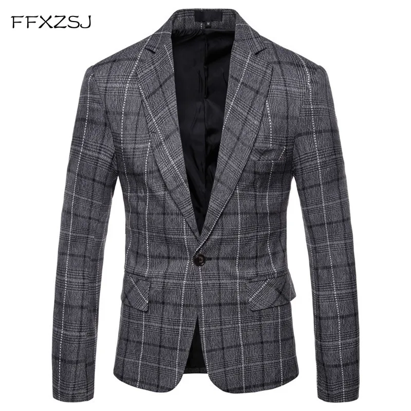 

FFXZSJ 2018 Winter Fashion Men's Leisure Long Sleeve Suit Coat High-Grade Male Slim Fit Grid Comfortable Blazers Leisure Suit