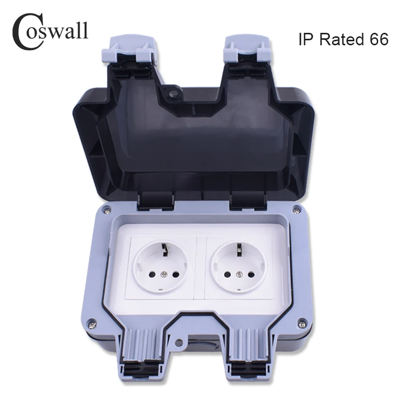 Coswall IP66 Всепогодная Водонепроницаемая наружная настенная розетка 16А двойная Европейская стандартная электрическая розетка с заземлением переменного тока 110~ 250 В