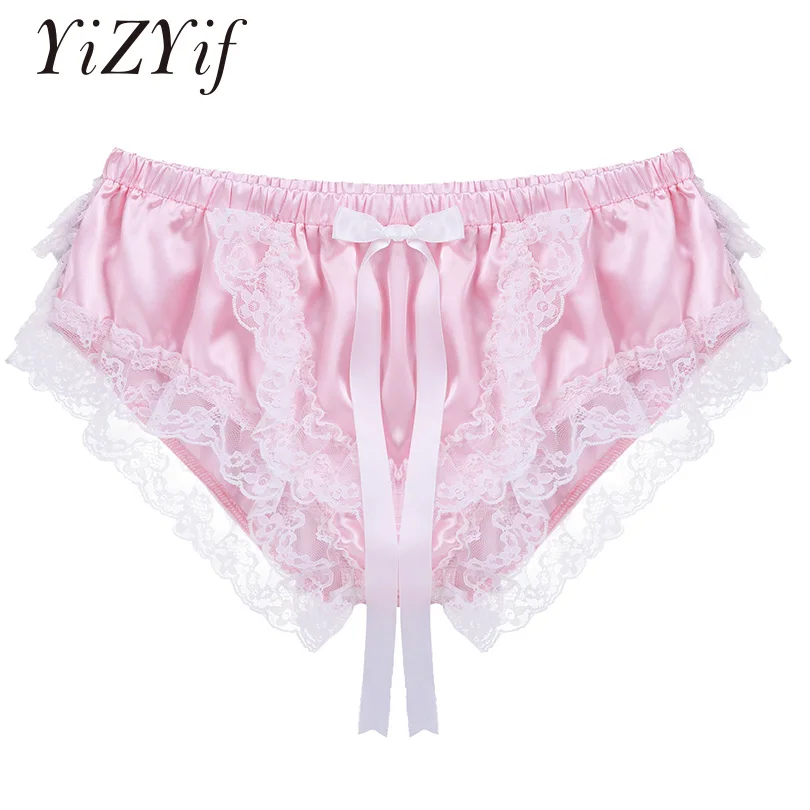 

YiZYiF Mens Sissy Panties Satin Sexy Underwear Gay Lace Lingerie Soft Ruffled Floral Briefs Jockstraps Cute Bowknot Underpants