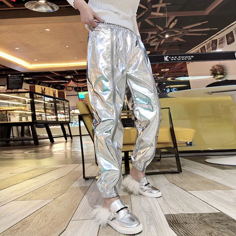 

Fashion Women Trousers 2019 Fall Winter Silver Metallic Casual Loosen Zipper Harem Pants Jogger Pants Hip Hop Dance