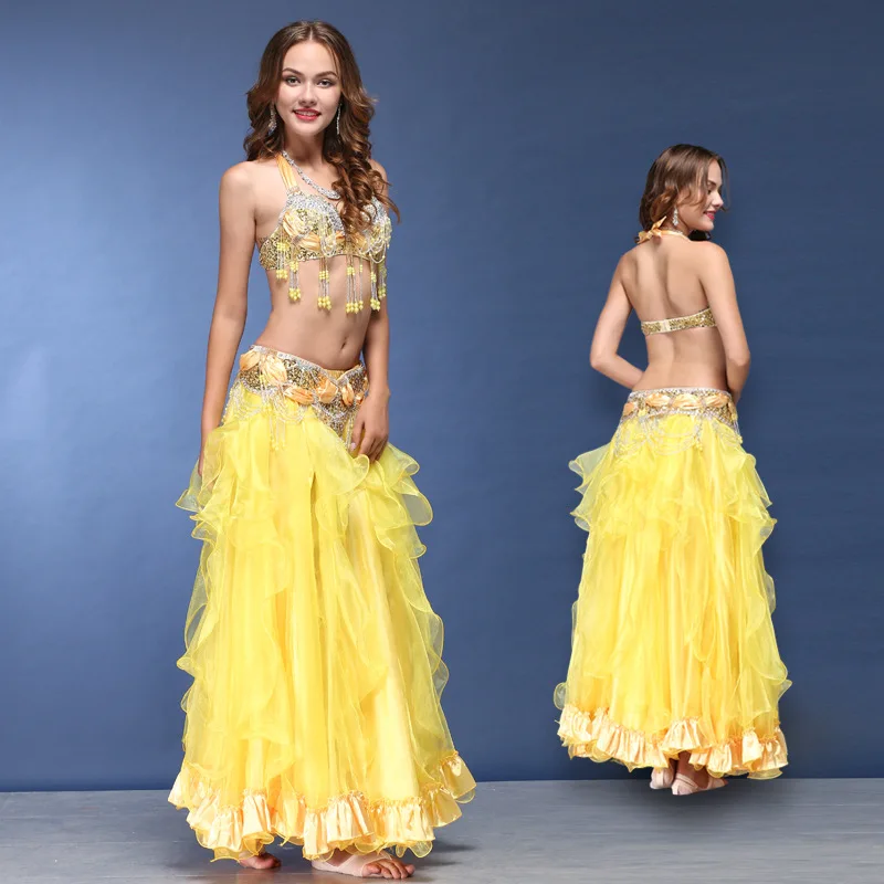 

Hand Made Belly Dance Costumes 3pcs Girls New Belly Dance Suit 3pcs Diamond Belly Dancing Costumes Large Skirt Bra D-03333