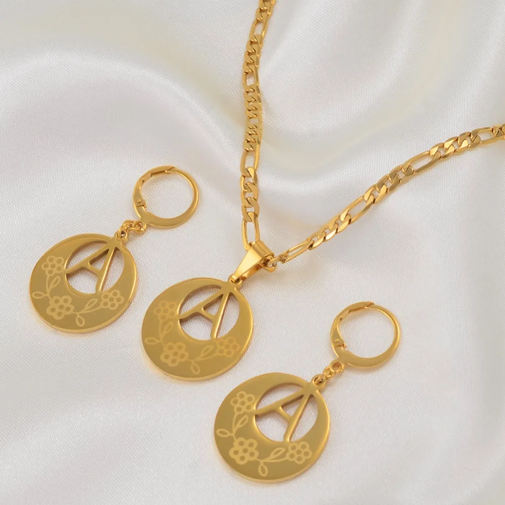 Anniyo A-Z Pendant Necklace sets Gold Color &amp Stainless Steel Initial Letter for Women Girls English Alphabet Jewelry #039121P |