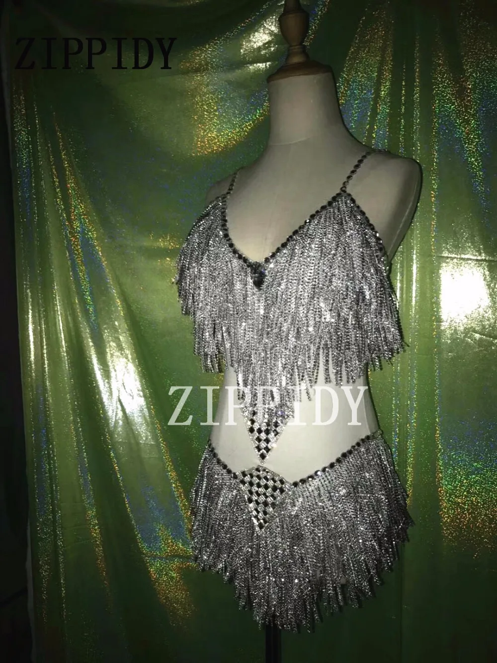 Sexy Silver Rhinestones Tassel Bodysuit Costume Stage Show Leotard Celebrate Performance Outfit Crystals Stones Wear