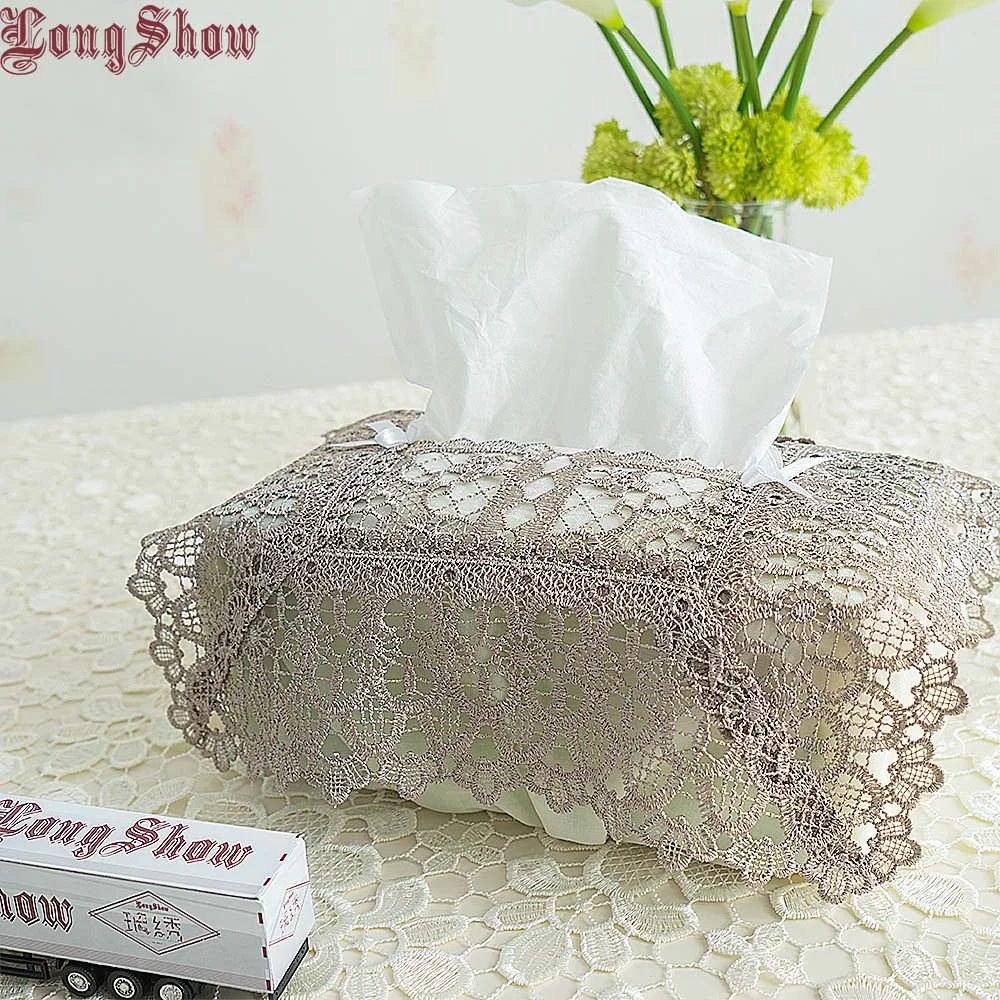 Unique Creative Design Home Household Hotel Table Decorative Embroidered Plaid Elastic Band White Grey Taupe Tissue Box Cover